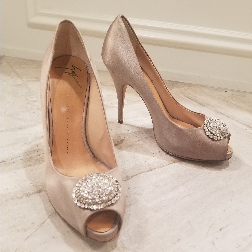 Giuseppe Zanotti satin blush pink nude tan crystal embellished peep toe heels